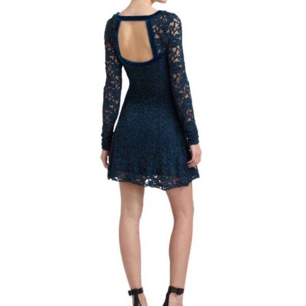 Free People Blue Lace Velvet Trim Fit & Flare Mini Dress Long Sleeve Open Back - Picture 2 of 10